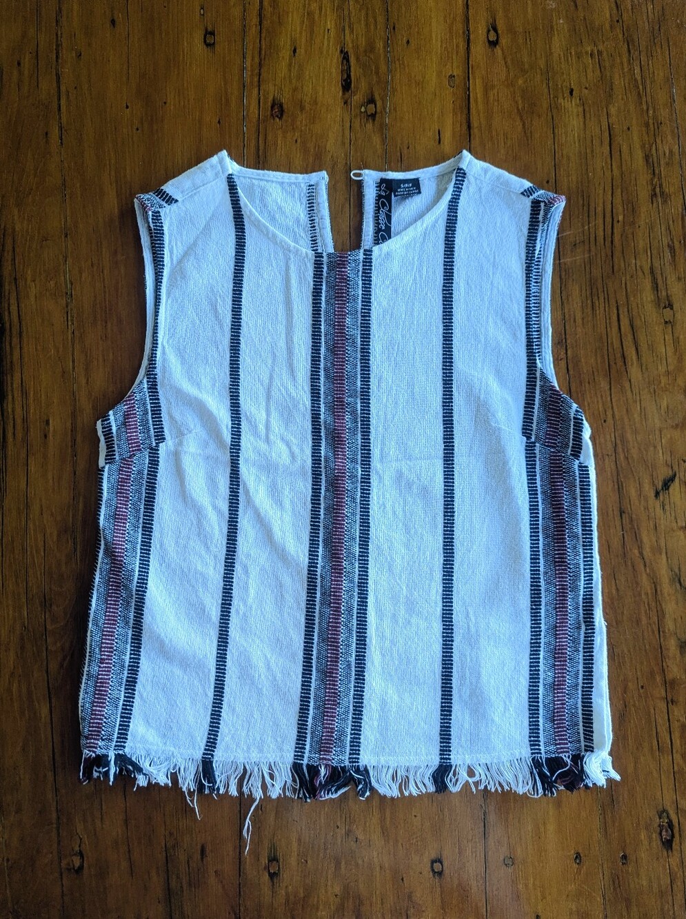 Women's CottonSleeveless Fringe Stripe Top - White with Black & Burgundy Stripes